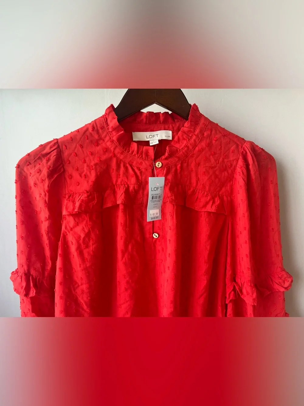 NWT ANN TAYLOR LOFT Blouse Top Shirt Dot Ruffle Sleeves Lined Red Petite XXS